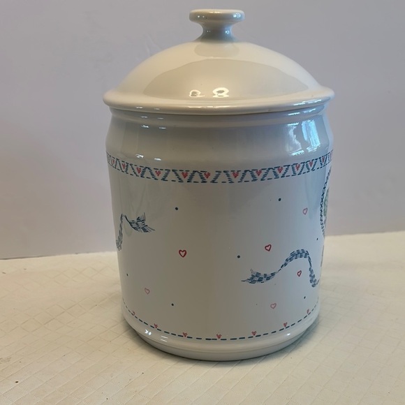 VTG 80s Stoneware White Ceramic Jar w/Heart and House Design Canister Large - Picture 8 of 9